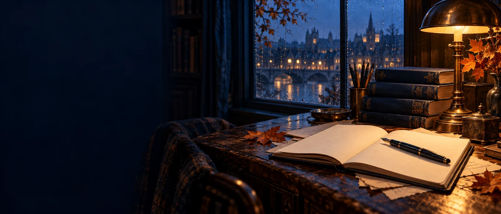 A manuscript and fountain pen beside a warm lamp and a rainy November window